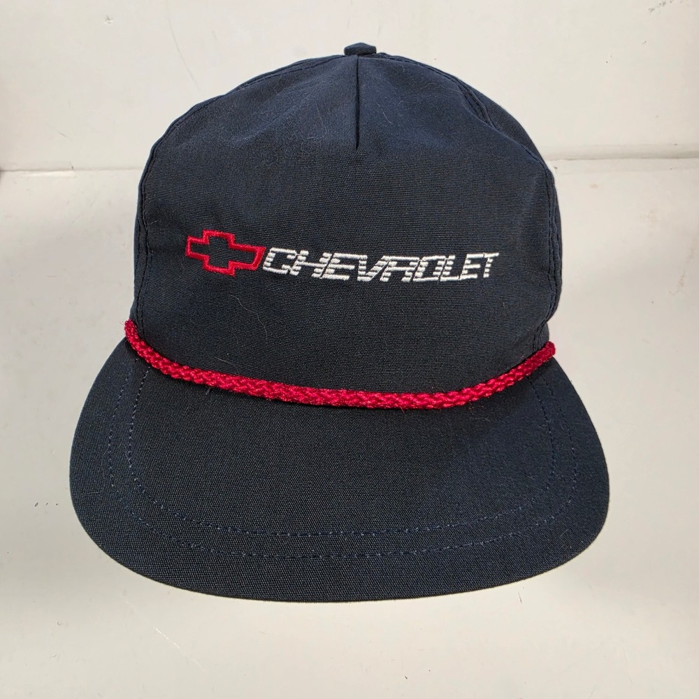 Vintage Chevrolet Rope Hat Navy Blue Snapback Cap Made in USA Chevy Trucker Hat